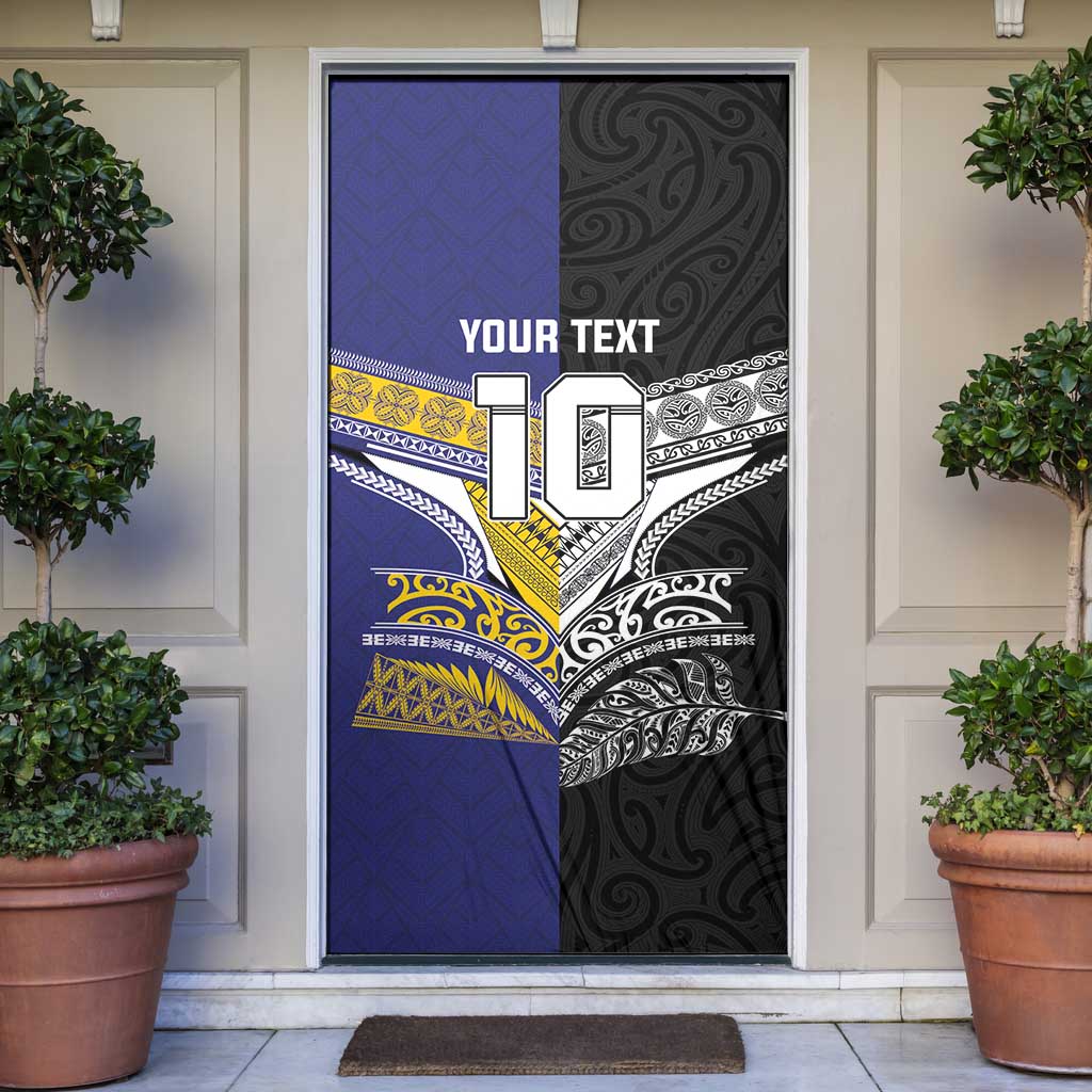 Custom Rugby Niue and Aotearoa Door Cover Hiapo with Maori Moko Tribal Heritage Tattoos LT03 Black - Polynesian Pride