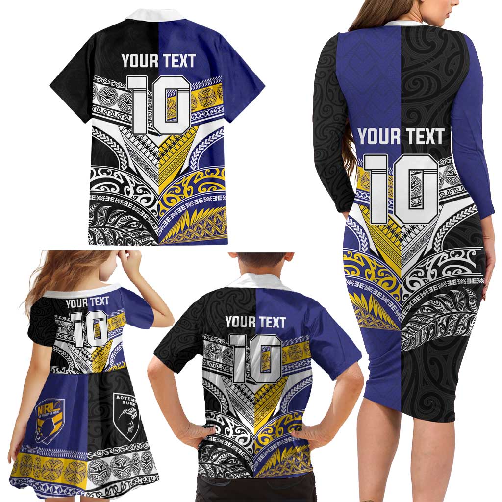 Custom Rugby Niue and Aotearoa Family Matching Long Sleeve Bodycon Dress and Hawaiian Shirt Hiapo with Maori Moko Tribal Heritage Tattoos LT03 - Polynesian Pride