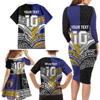 Custom Rugby Niue and Aotearoa Family Matching Long Sleeve Bodycon Dress and Hawaiian Shirt Hiapo with Maori Moko Tribal Heritage Tattoos LT03 - Polynesian Pride