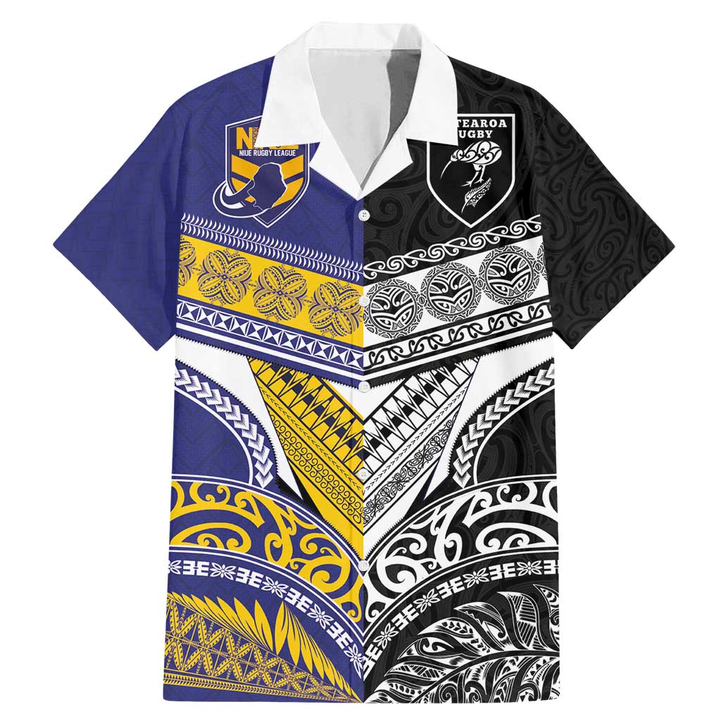 Custom Rugby Niue and Aotearoa Family Matching Mermaid Dress and Hawaiian Shirt Hiapo with Maori Moko Tribal Heritage Tattoos LT03 Dad's Shirt - Short Sleeve Black - Polynesian Pride