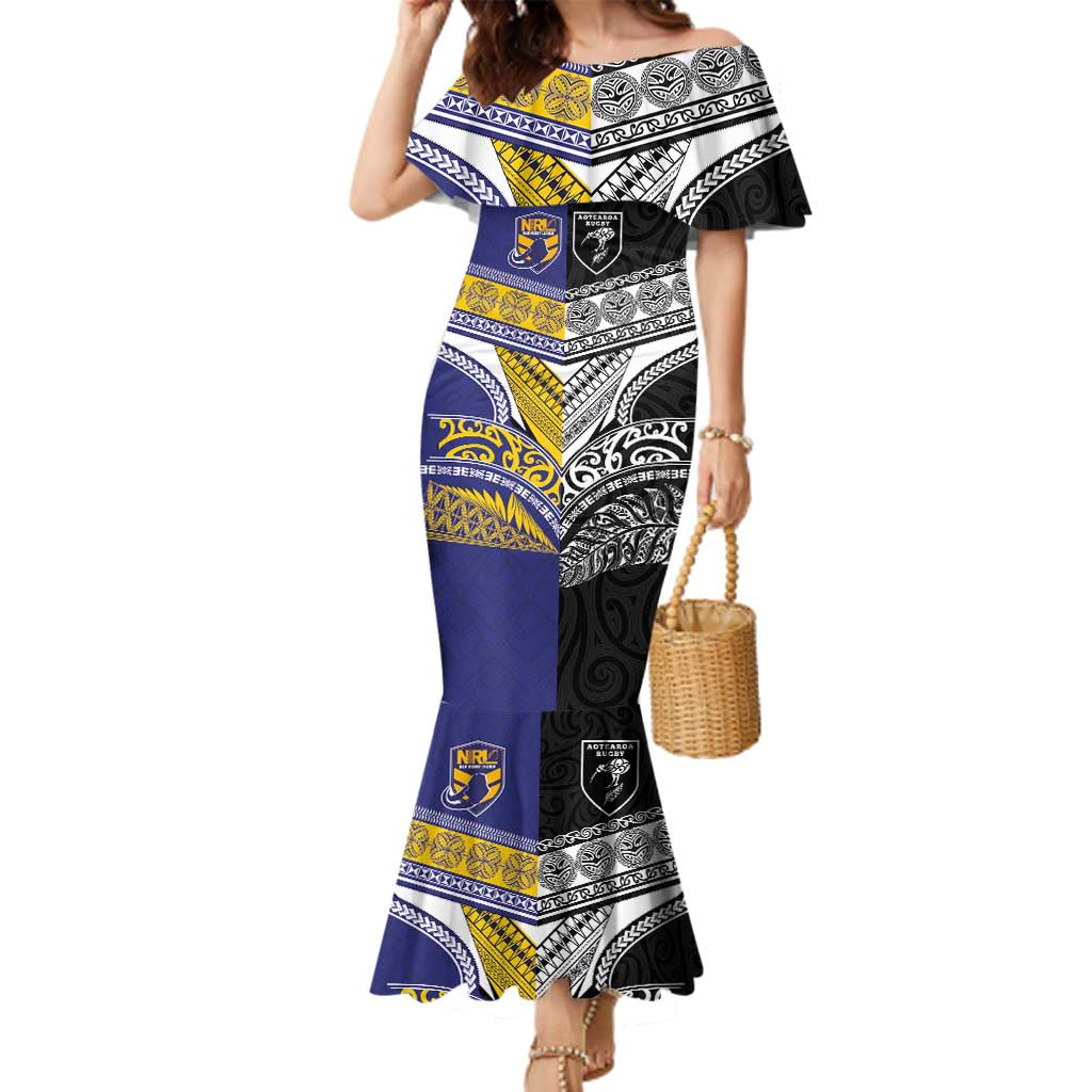 Custom Rugby Niue and Aotearoa Family Matching Mermaid Dress and Hawaiian Shirt Hiapo with Maori Moko Tribal Heritage Tattoos LT03 Mom's Dress Black - Polynesian Pride