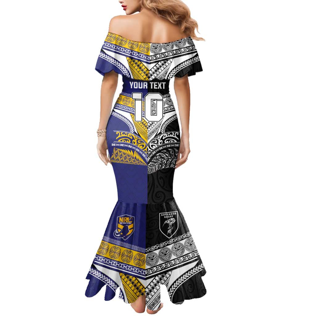 Custom Rugby Niue and Aotearoa Family Matching Mermaid Dress and Hawaiian Shirt Hiapo with Maori Moko Tribal Heritage Tattoos LT03 - Polynesian Pride