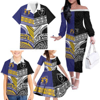 Custom Rugby Niue and Aotearoa Family Matching Off The Shoulder Long Sleeve Dress and Hawaiian Shirt Hiapo with Maori Moko Tribal Heritage Tattoos LT03 - Polynesian Pride