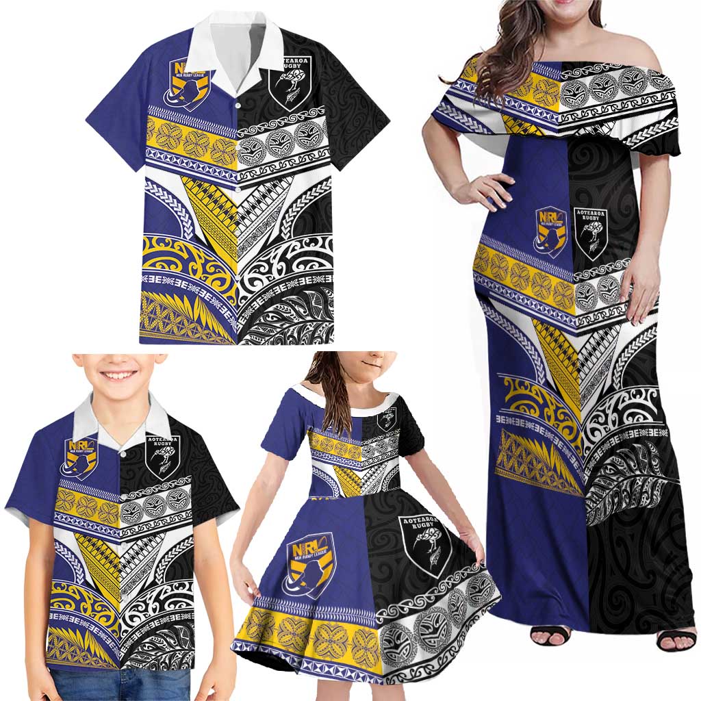 Custom Rugby Niue and Aotearoa Family Matching Off Shoulder Maxi Dress and Hawaiian Shirt Hiapo with Maori Moko Tribal Heritage Tattoos LT03 - Polynesian Pride