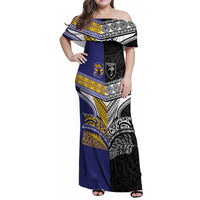 Custom Rugby Niue and Aotearoa Family Matching Off Shoulder Maxi Dress and Hawaiian Shirt Hiapo with Maori Moko Tribal Heritage Tattoos LT03 Mom's Dress Black - Polynesian Pride