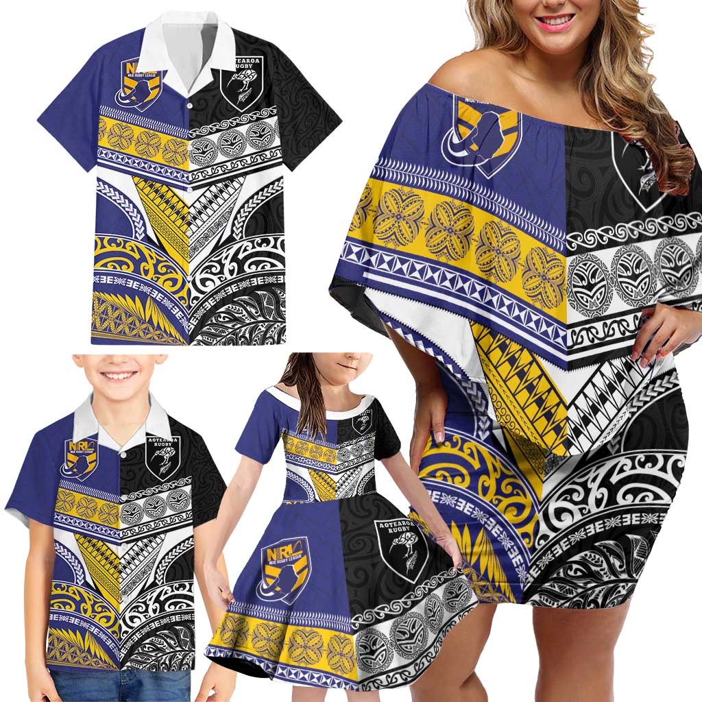 Custom Rugby Niue and Aotearoa Family Matching Off Shoulder Short Dress and Hawaiian Shirt Hiapo with Maori Moko Tribal Heritage Tattoos LT03 - Polynesian Pride