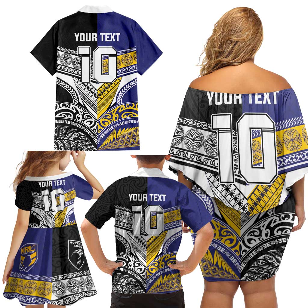 Custom Rugby Niue and Aotearoa Family Matching Off Shoulder Short Dress and Hawaiian Shirt Hiapo with Maori Moko Tribal Heritage Tattoos LT03 - Polynesian Pride