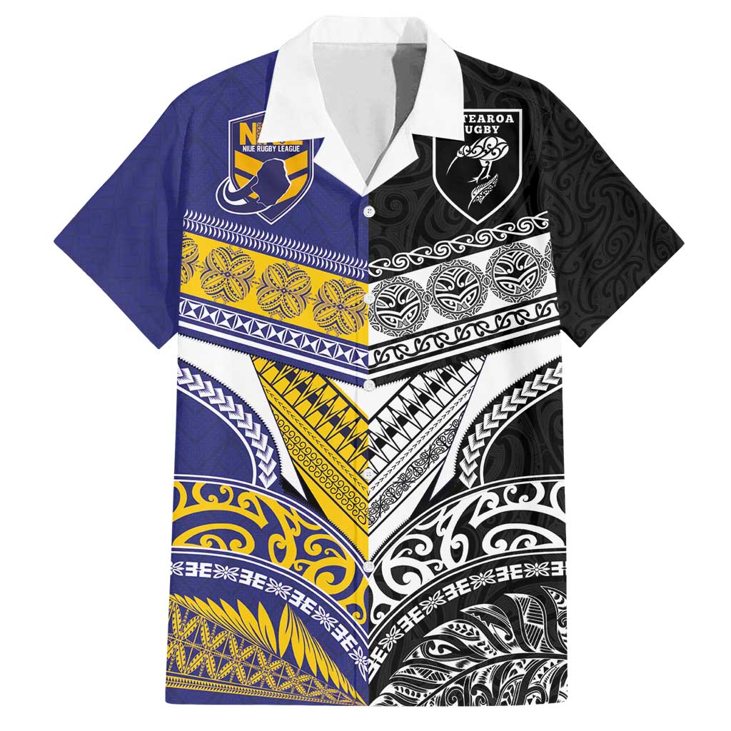 Custom Rugby Niue and Aotearoa Family Matching Off Shoulder Short Dress and Hawaiian Shirt Hiapo with Maori Moko Tribal Heritage Tattoos LT03 Dad's Shirt - Short Sleeve Black - Polynesian Pride