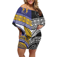 Custom Rugby Niue and Aotearoa Family Matching Off Shoulder Short Dress and Hawaiian Shirt Hiapo with Maori Moko Tribal Heritage Tattoos LT03 Mom's Dress Black - Polynesian Pride