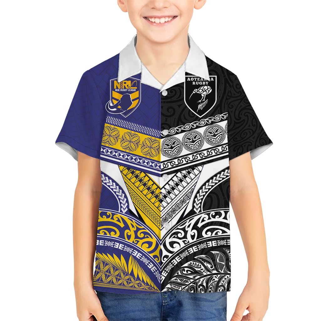 Custom Rugby Niue and Aotearoa Family Matching Puletasi and Hawaiian Shirt Hiapo with Maori Moko Tribal Heritage Tattoos LT03 Son's Shirt Black - Polynesian Pride