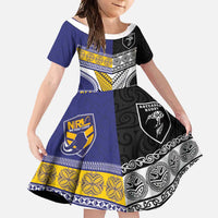Custom Rugby Niue and Aotearoa Family Matching Short Sleeve Bodycon Dress and Hawaiian Shirt Hiapo with Maori Moko Tribal Heritage Tattoos LT03 Daughter's Dress Black - Polynesian Pride