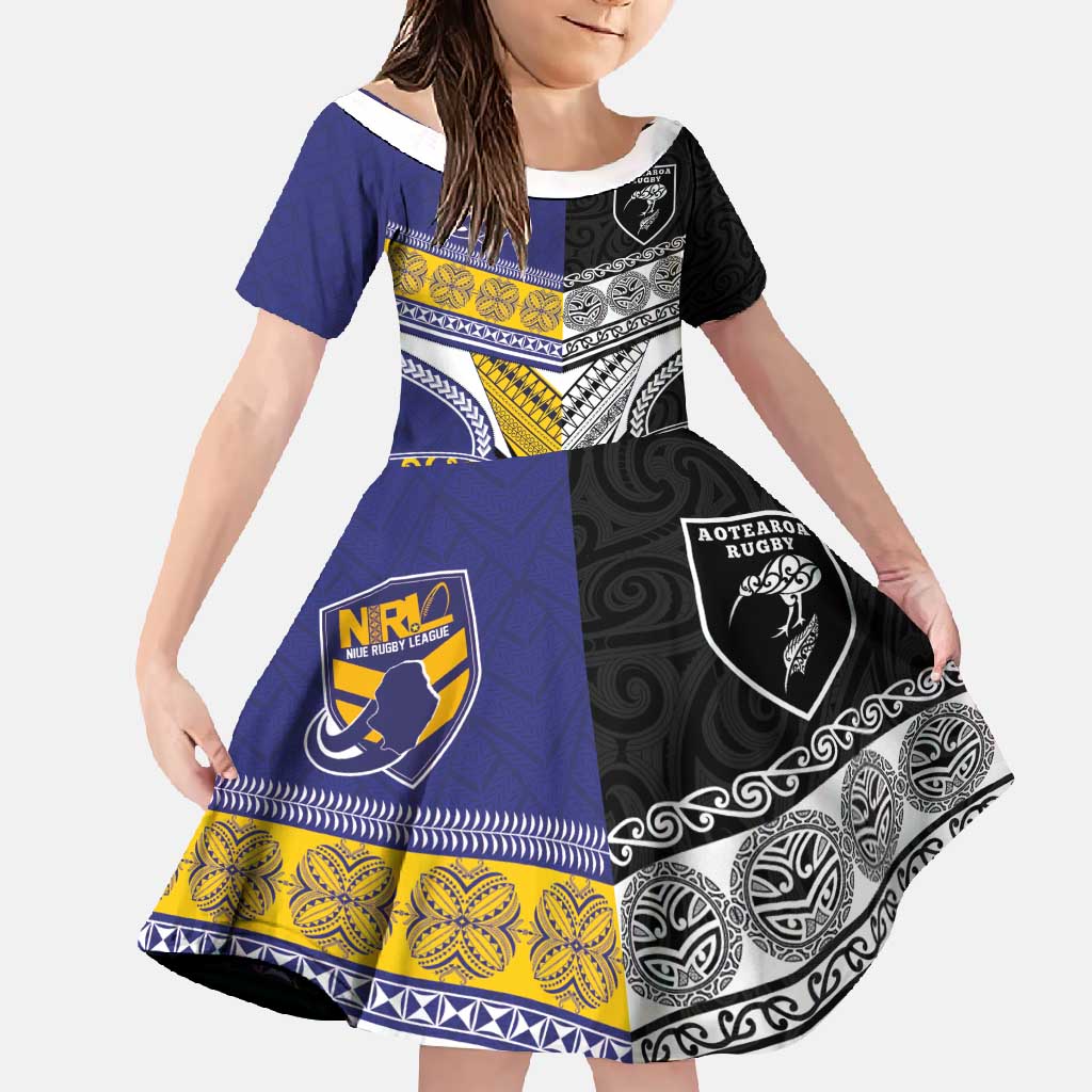 Custom Rugby Niue and Aotearoa Family Matching Summer Maxi Dress and Hawaiian Shirt Hiapo with Maori Moko Tribal Heritage Tattoos LT03 Daughter's Dress Black - Polynesian Pride