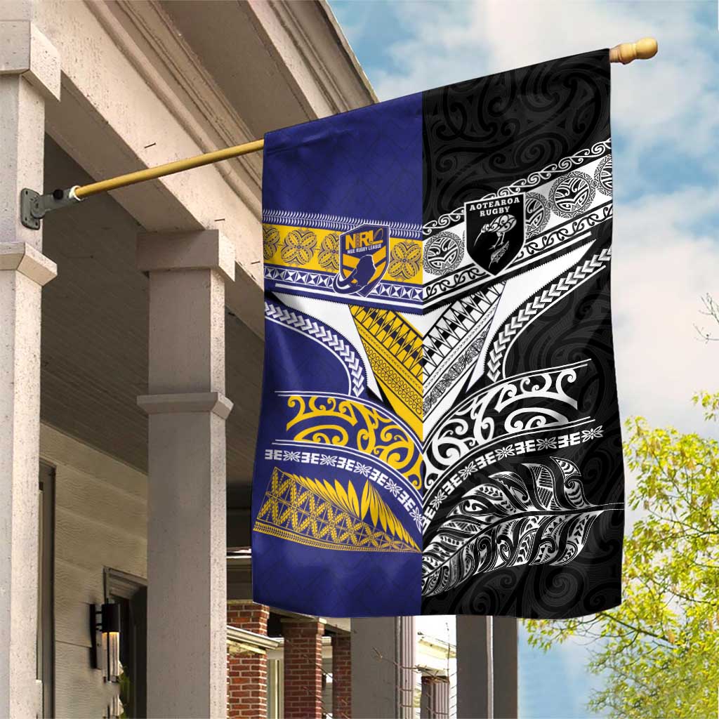 Rugby Niue and Aotearoa Garden Flag Hiapo with Maori Moko Tribal Heritage Tattoos LT03 House Flag Black - Polynesian Pride