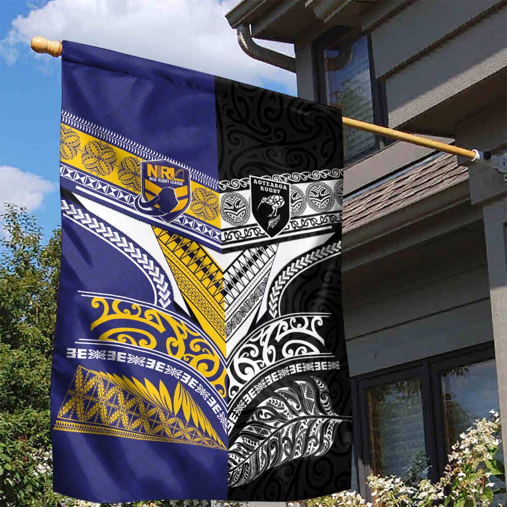 Rugby Niue and Aotearoa Garden Flag Hiapo with Maori Moko Tribal Heritage Tattoos LT03 - Polynesian Pride