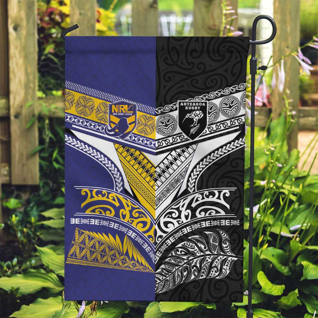 Rugby Niue and Aotearoa Garden Flag Hiapo with Maori Moko Tribal Heritage Tattoos LT03 Garden Flag Black - Polynesian Pride