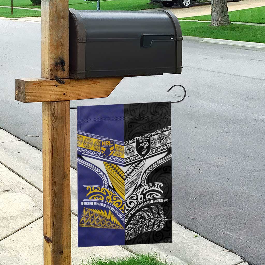 Rugby Niue and Aotearoa Garden Flag Hiapo with Maori Moko Tribal Heritage Tattoos LT03 - Polynesian Pride