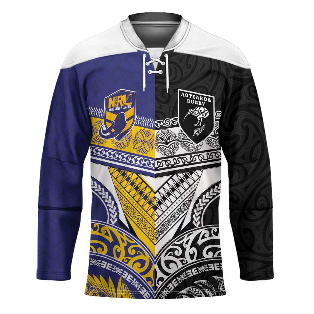 Custom Rugby Niue and Aotearoa Hockey Jersey Hiapo with Maori Moko Tribal Heritage Tattoos LT03 Unisex Black - Polynesian Pride