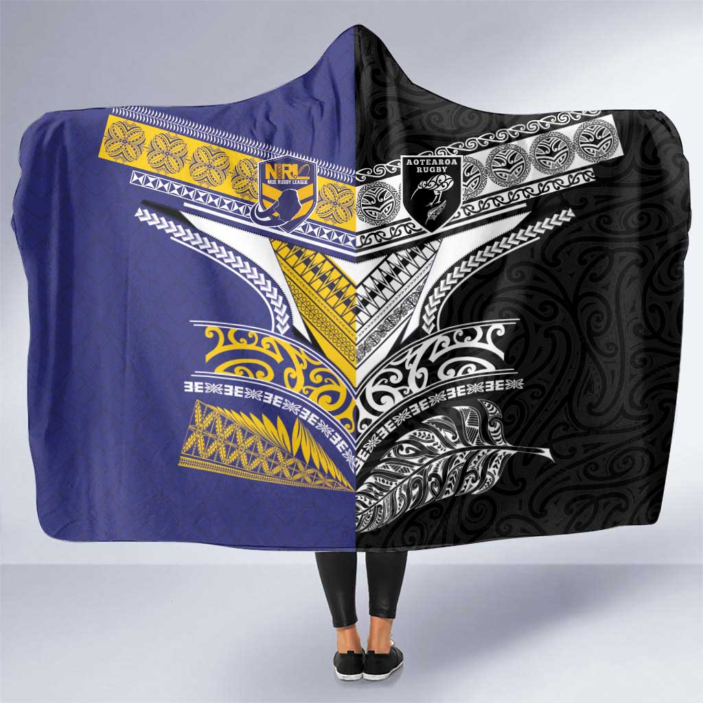 Rugby Niue and Aotearoa Hooded Blanket Hiapo with Maori Moko Tribal Heritage Tattoos LT03 One Size Black - Polynesian Pride