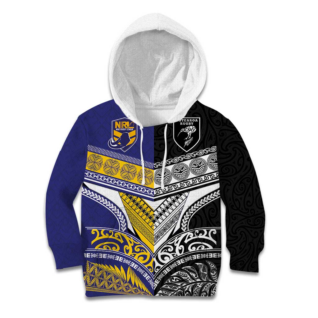 Custom Rugby Niue and Aotearoa Kid Hoodie Hiapo with Maori Moko Tribal Heritage Tattoos - Polynesian Pride