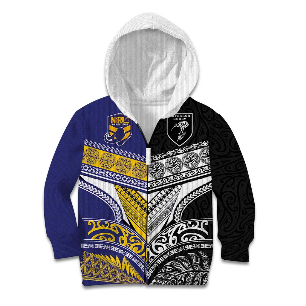 Custom Rugby Niue and Aotearoa Kid Hoodie Hiapo with Maori Moko Tribal Heritage Tattoos LT03 Zip Hoodie Black - Polynesian Pride