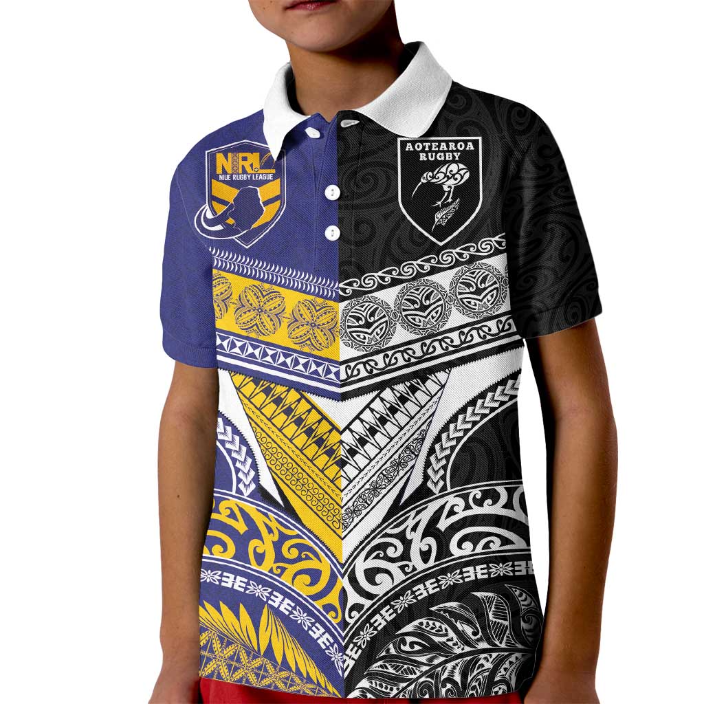 Custom Rugby Niue and Aotearoa Kid Polo Shirt Hiapo with Maori Moko Tribal Heritage Tattoos LT03 Kid Black - Polynesian Pride