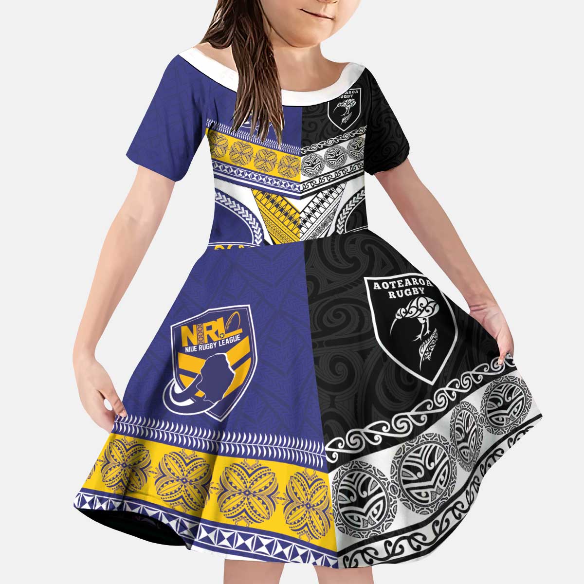 Custom Rugby Niue and Aotearoa Kid Short Sleeve Dress Hiapo with Maori Moko Tribal Heritage Tattoos LT03 KID Black - Polynesian Pride