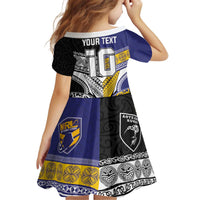 Custom Rugby Niue and Aotearoa Kid Short Sleeve Dress Hiapo with Maori Moko Tribal Heritage Tattoos LT03 - Polynesian Pride