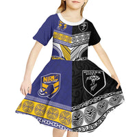Custom Rugby Niue and Aotearoa Kid Short Sleeve Dress Hiapo with Maori Moko Tribal Heritage Tattoos LT03 - Polynesian Pride