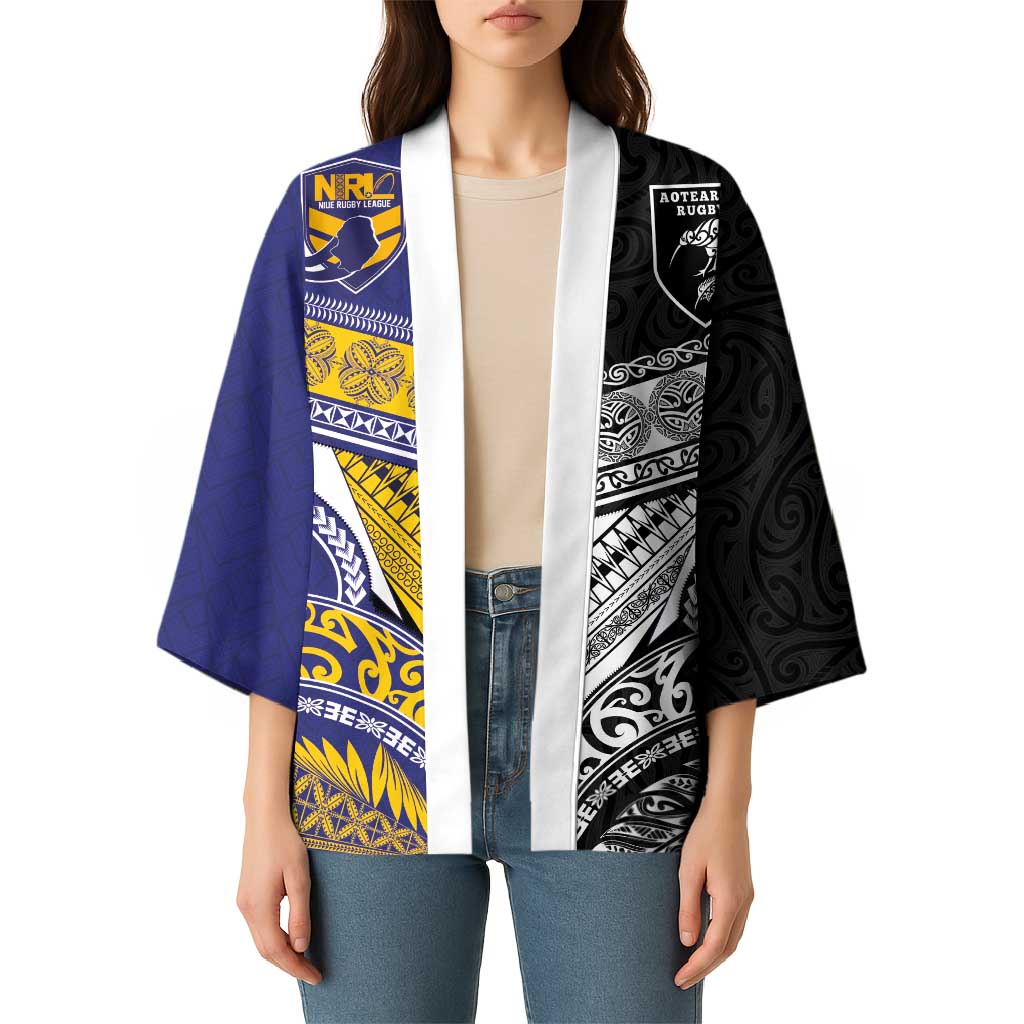 Custom Rugby Niue and Aotearoa Kimono Hiapo with Maori Moko Tribal Heritage Tattoos LT03 - Polynesian Pride