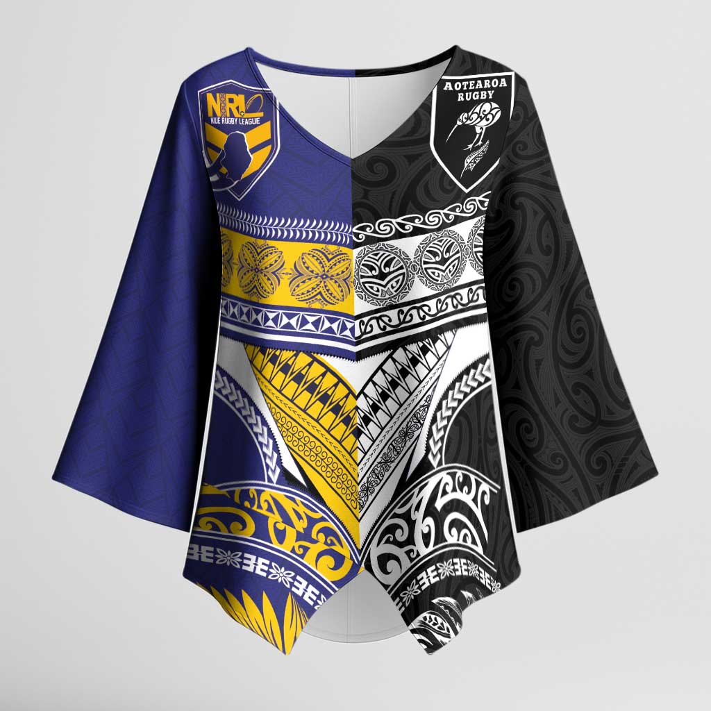 Custom Rugby Niue and Aotearoa Kimono Sleeve Blouse Hiapo with Maori Moko Tribal Heritage Tattoos LT03 Female Black - Polynesian Pride