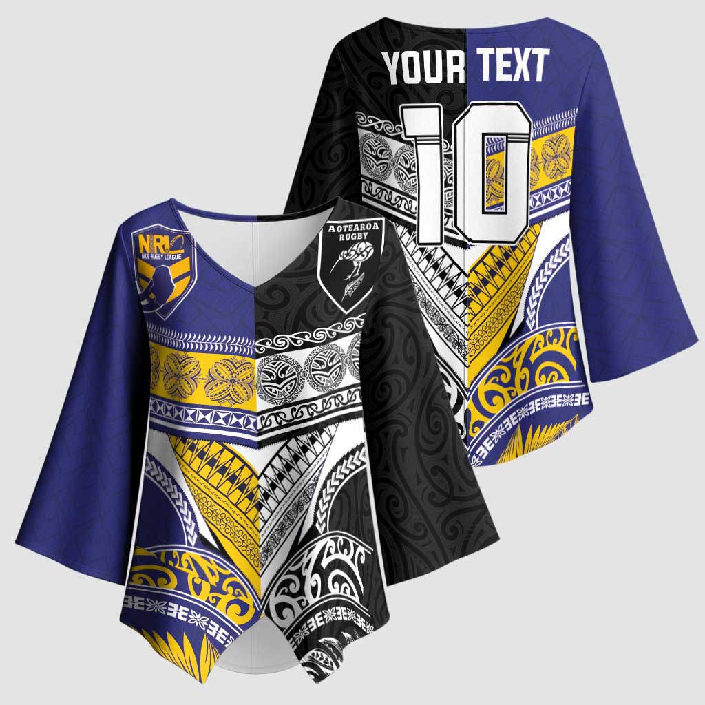 Custom Rugby Niue and Aotearoa Kimono Sleeve Blouse Hiapo with Maori Moko Tribal Heritage Tattoos LT03 - Polynesian Pride