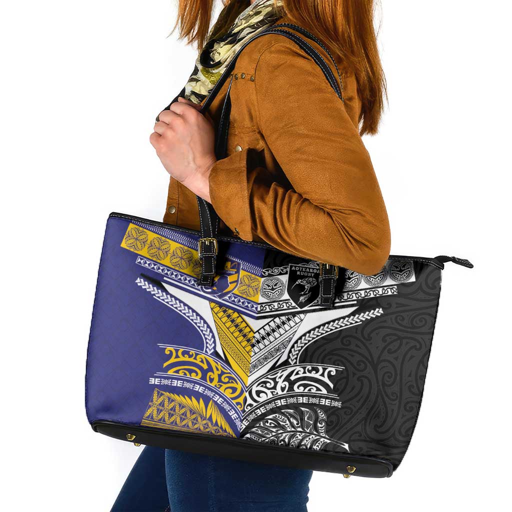 Rugby Niue and Aotearoa Leather Tote Bag Hiapo with Maori Moko Tribal Heritage Tattoos LT03 Black - Polynesian Pride