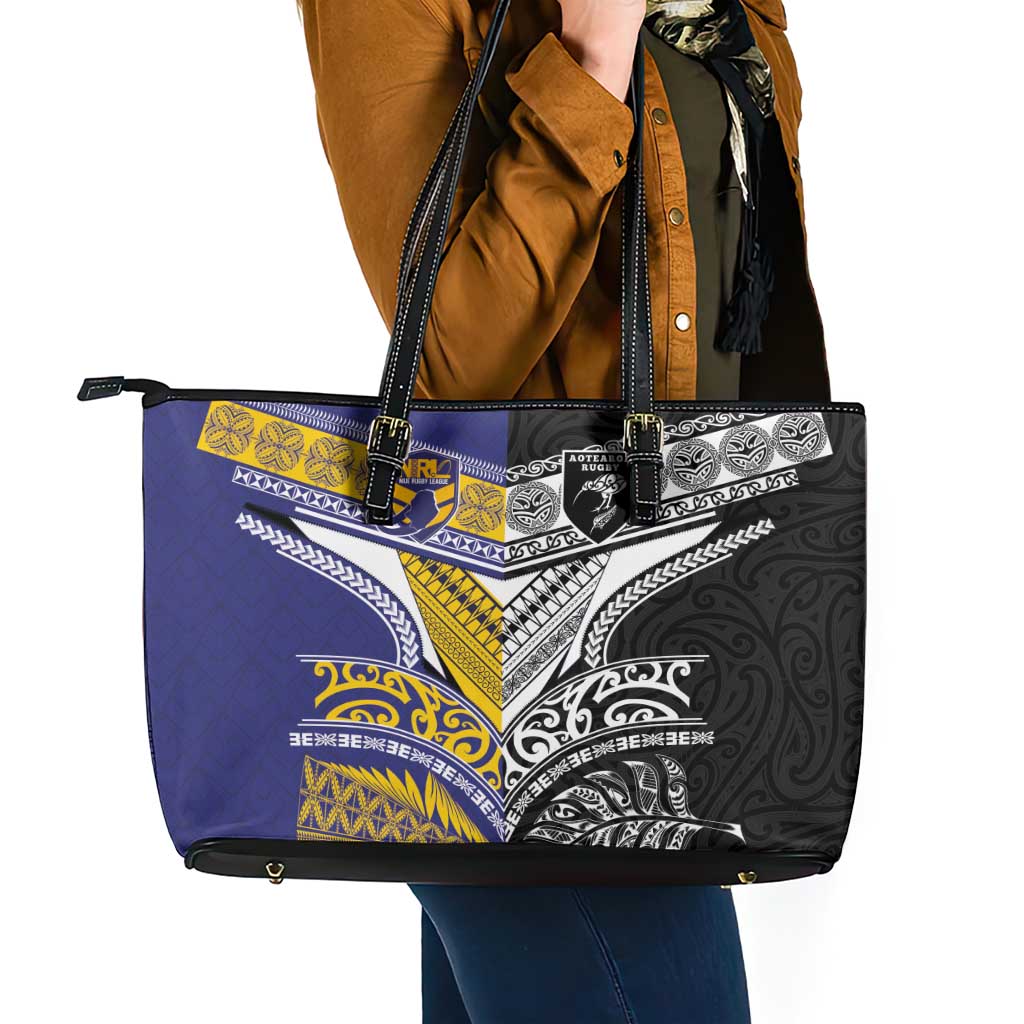 Rugby Niue and Aotearoa Leather Tote Bag Hiapo with Maori Moko Tribal Heritage Tattoos LT03 - Polynesian Pride