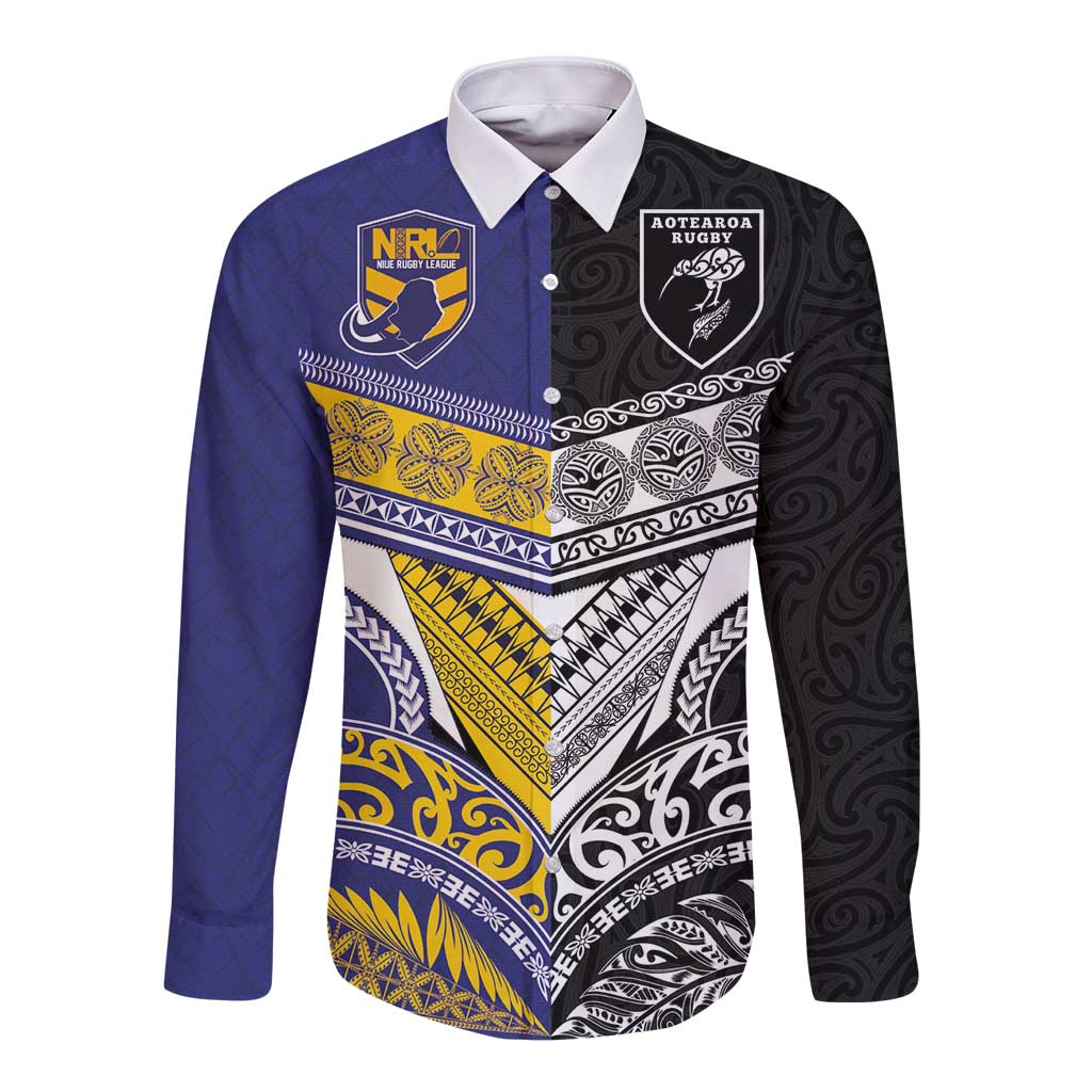 Custom Rugby Niue and Aotearoa Long Sleeve Button Shirt Hiapo with Maori Moko Tribal Heritage Tattoos LT03 Unisex Black - Polynesian Pride