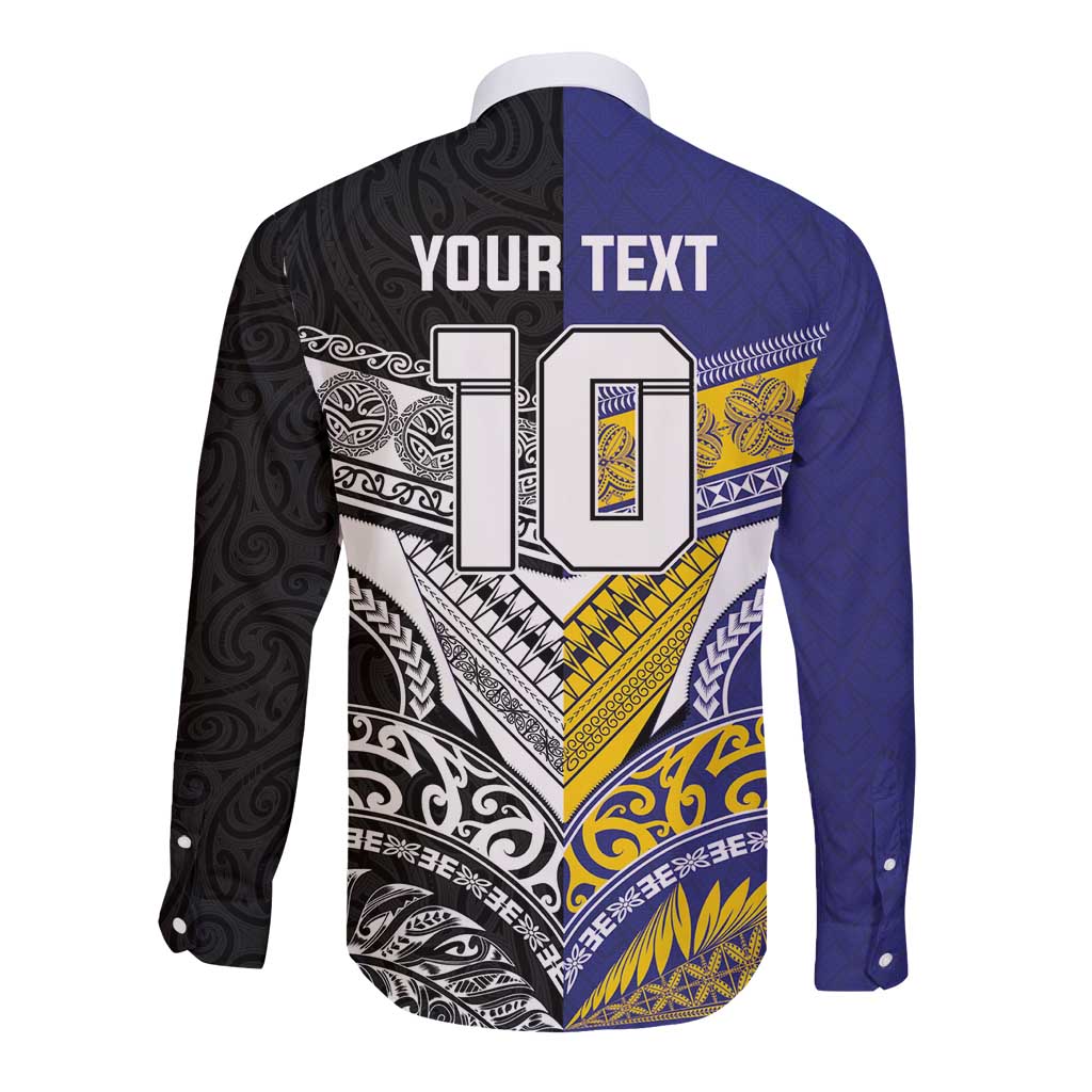 Custom Rugby Niue and Aotearoa Long Sleeve Button Shirt Hiapo with Maori Moko Tribal Heritage Tattoos LT03 - Polynesian Pride
