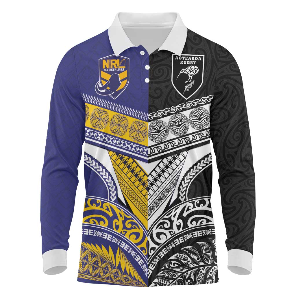 Custom Rugby Niue and Aotearoa Long Sleeve Polo Shirt Hiapo with Maori Moko Tribal Heritage Tattoos - Polynesian Pride