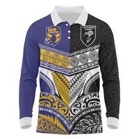 Custom Rugby Niue and Aotearoa Long Sleeve Polo Shirt Hiapo with Maori Moko Tribal Heritage Tattoos - Polynesian Pride