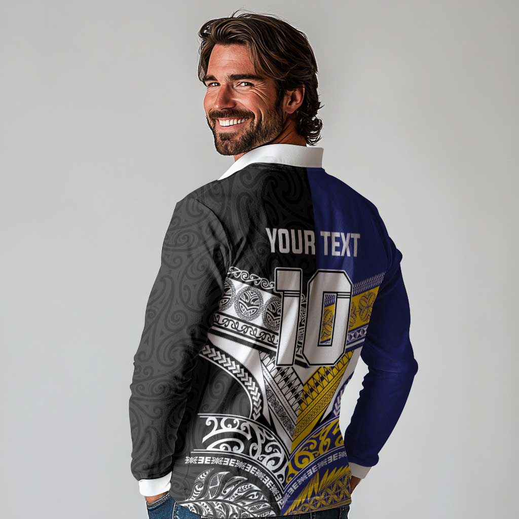 Custom Rugby Niue and Aotearoa Long Sleeve Polo Shirt Hiapo with Maori Moko Tribal Heritage Tattoos - Polynesian Pride