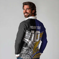 Custom Rugby Niue and Aotearoa Long Sleeve Polo Shirt Hiapo with Maori Moko Tribal Heritage Tattoos - Polynesian Pride