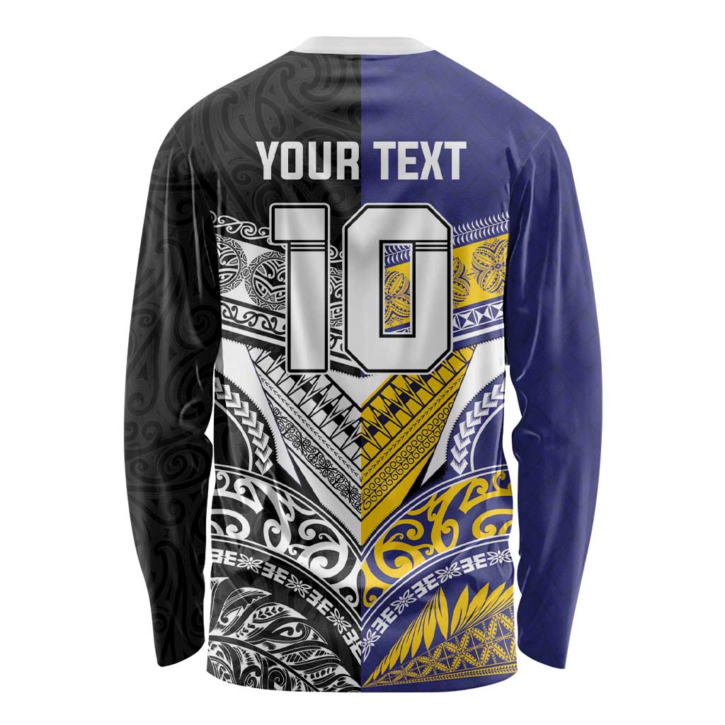 Custom Rugby Niue and Aotearoa Long Sleeve Shirt Hiapo with Maori Moko Tribal Heritage Tattoos LT03 - Polynesian Pride