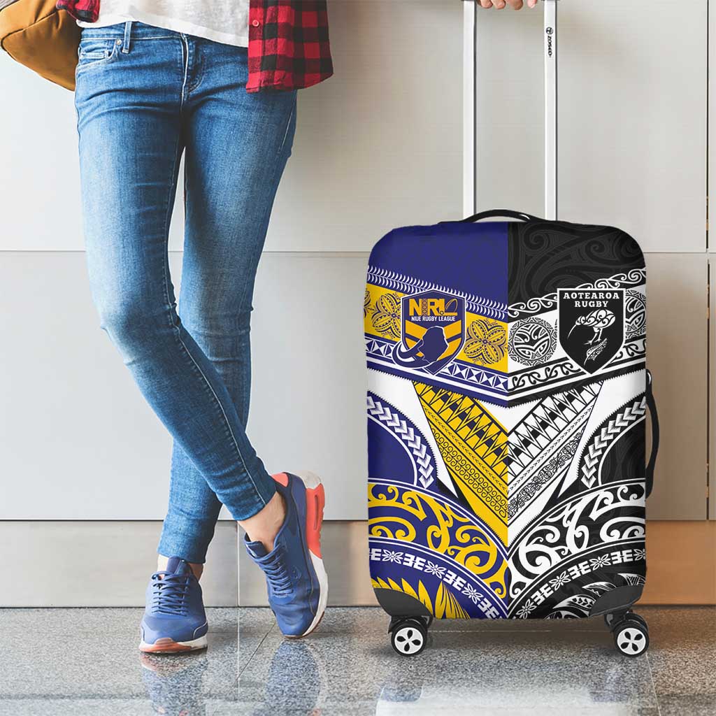 Rugby Niue and Aotearoa Luggage Cover Hiapo with Maori Moko Tribal Heritage Tattoos LT03 - Polynesian Pride