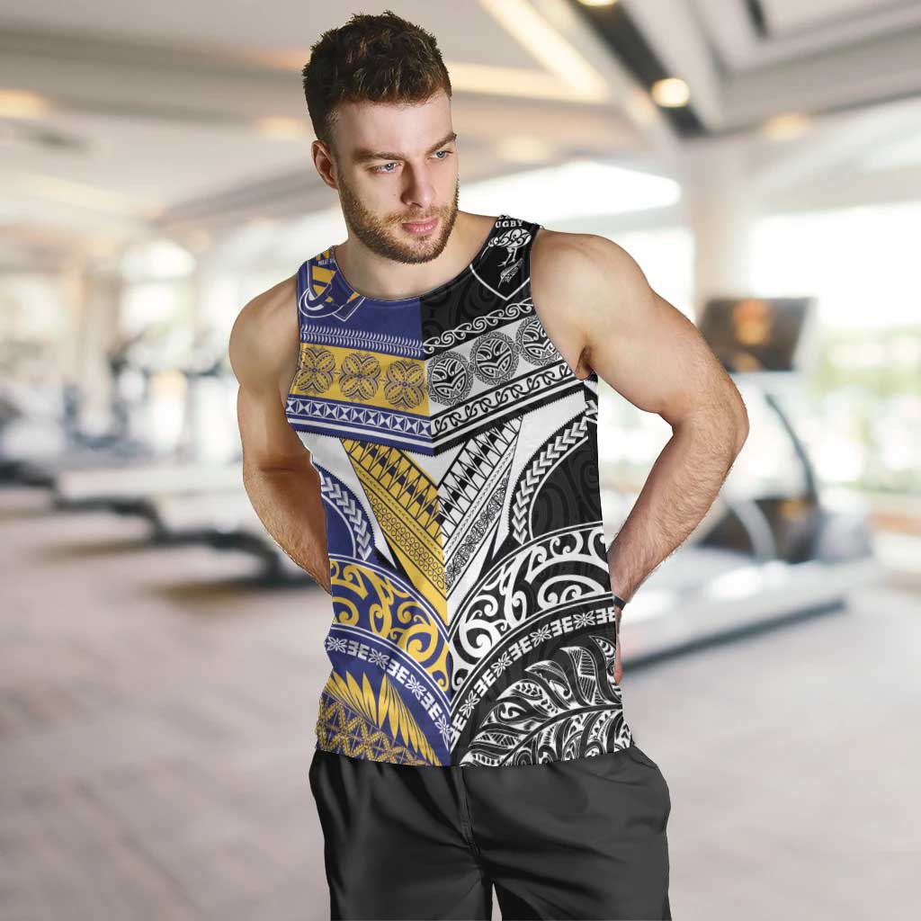 Custom Rugby Niue and Aotearoa Men Tank Top Hiapo with Maori Moko Tribal Heritage Tattoos LT03 Black - Polynesian Pride