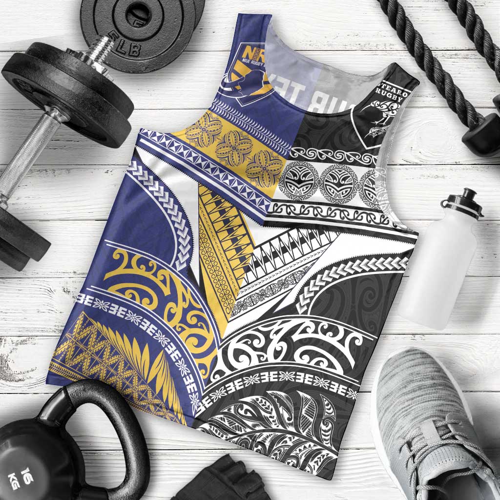 Custom Rugby Niue and Aotearoa Men Tank Top Hiapo with Maori Moko Tribal Heritage Tattoos LT03 - Polynesian Pride