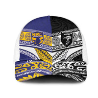 Niue and Aotearoa Rugby Mesh Trucker Cap Hiapo with Maori Moko Tribal Heritage Tattoos LT03 One Size White Black - Polynesian Pride