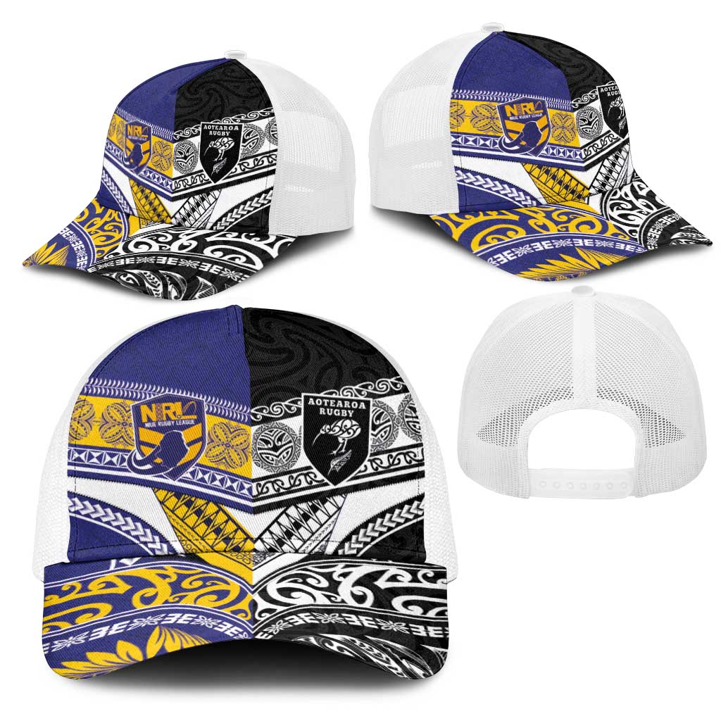 Niue and Aotearoa Rugby Mesh Trucker Cap Hiapo with Maori Moko Tribal Heritage Tattoos LT03 - Polynesian Pride