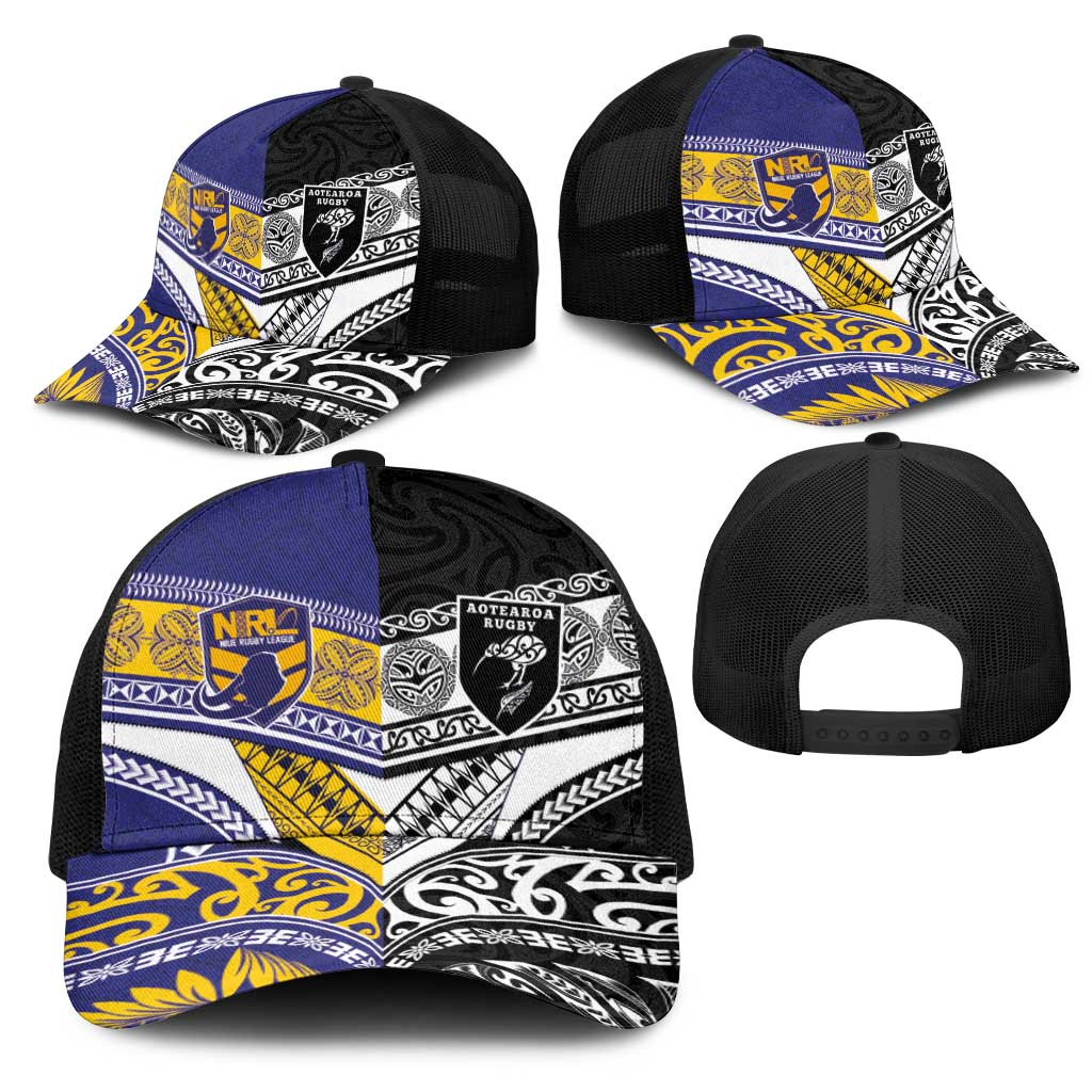 Niue and Aotearoa Rugby Mesh Trucker Cap Hiapo with Maori Moko Tribal Heritage Tattoos LT03 - Polynesian Pride