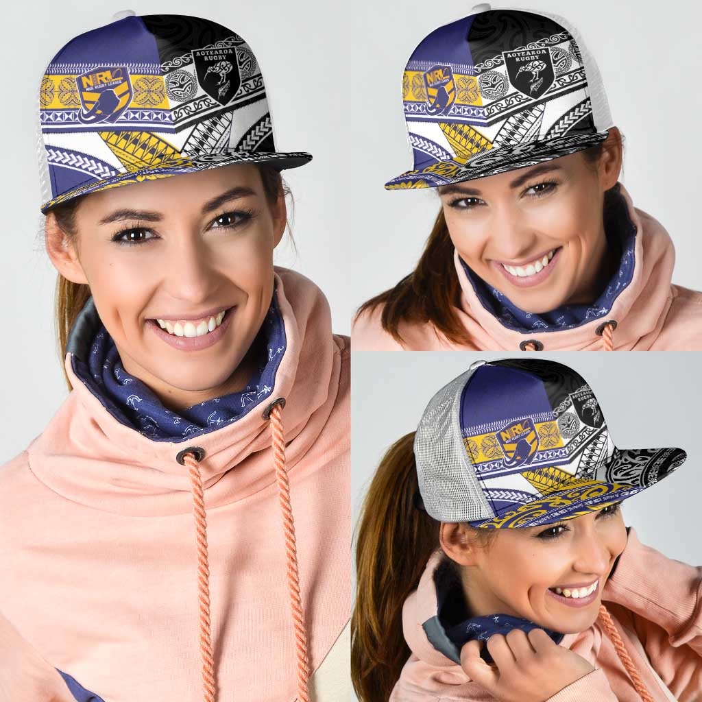 Niue and Aotearoa Rugby Mesh Trucker Cap Hiapo with Maori Moko Tribal Heritage Tattoos LT03 - Polynesian Pride