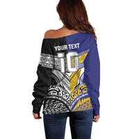 Custom Rugby Niue and Aotearoa Off Shoulder Sweater Hiapo with Maori Moko Tribal Heritage Tattoos LT03 - Polynesian Pride