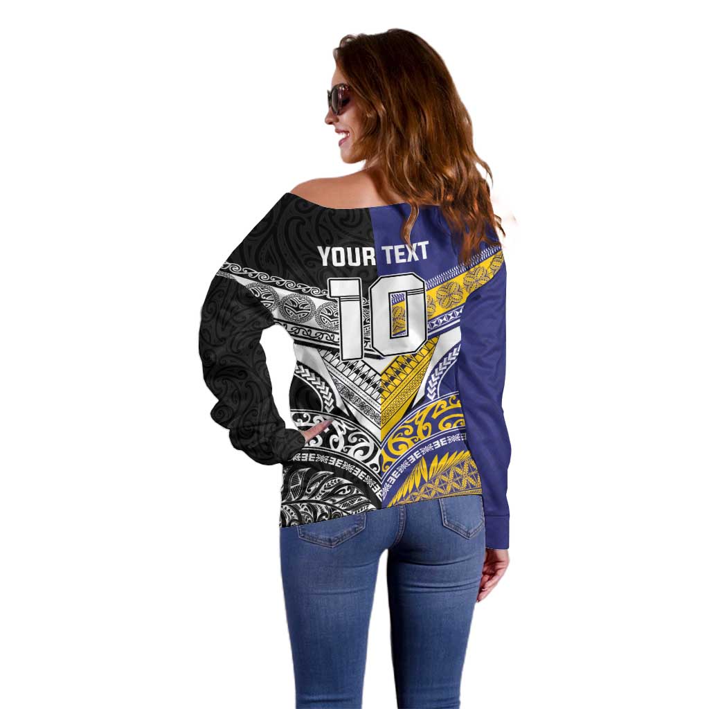 Custom Rugby Niue and Aotearoa Off Shoulder Sweater Hiapo with Maori Moko Tribal Heritage Tattoos LT03 - Polynesian Pride