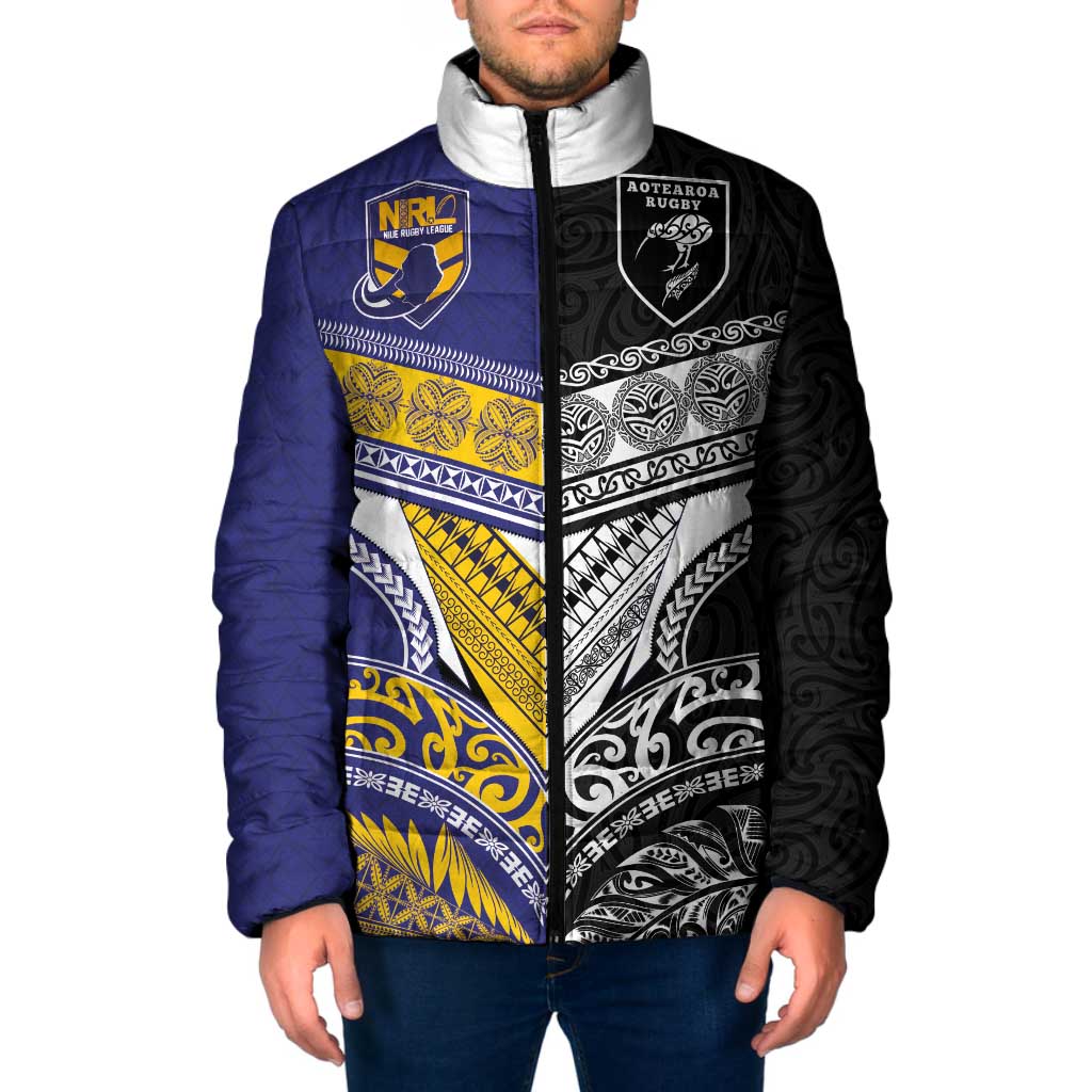Custom Rugby Niue and Aotearoa Padded Jacket Hiapo with Maori Moko Tribal Heritage Tattoos LT03 Men Black - Polynesian Pride
